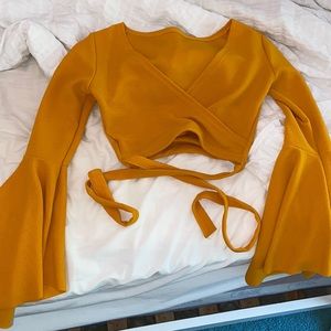 Yellow Wrap Long Sleeve Crop Top w/ Bell Sleeves